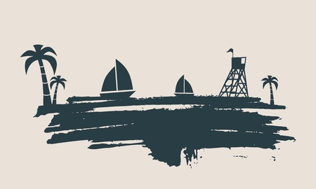 Vintage seaside view poster. Vector background. Palm and safeguard tower on the beach. Yacht in the ocean. Silhouettes on grunge brush strokeのイラスト素材