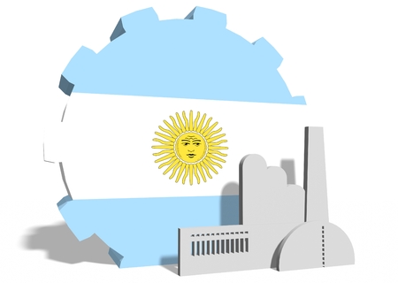 Argentina industry relative concept. Factory icon and gear textured by national flag. 3D renderingの写真素材