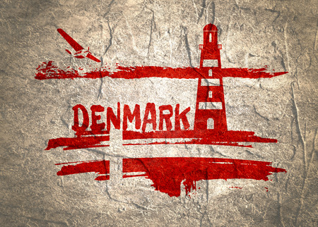 Lighthouse on brush stroke seashore. Clouds line with retro airplane icon. Denmark country name text. Concrete texturedの写真素材