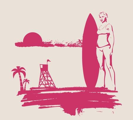 Woman posing with surfboard on grunge brush stroke. Monochrome silhouette. Vector illustration. Vintage Surfing Graphic and Emblem for web design or print. Palm and lifeguard tower on backdropのイラスト素材