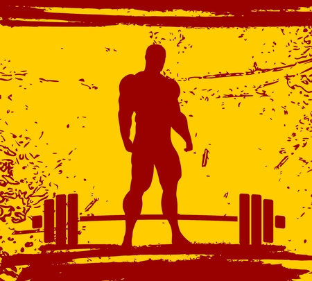 Bodybuilding and barbell silhouettes. Bodybuilder posing on grunge brush stroke.のイラスト素材