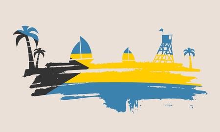 Vintage seaside view poster. Vector background. Palm and safeguard tower on the beach. Yacht in the ocean. Silhouettes on grunge brush stroke. Flag of Bahamasのイラスト素材