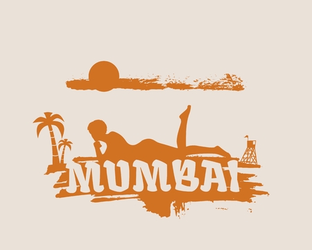 Young woman sunbathing on a beach. Silhouette of the relaxing girl on a grunge brush stroke. Vector illustration. Palm and lifeguard tower on backdrop. Mumbai textのイラスト素材