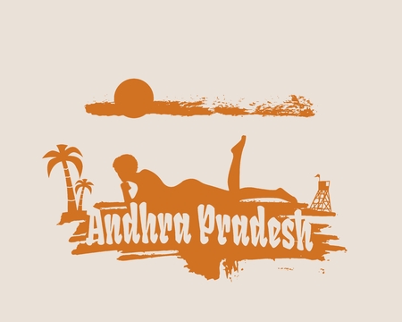 Young woman sunbathing on a beach. Silhouette of the relaxing girl on a grunge brush stroke. Vector illustration. Palm and lifeguard tower on backdrop. Andhra Pradesh textのイラスト素材