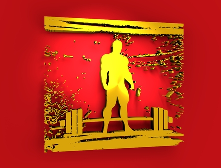 Bodybuilding and barbell silhouettes. Bodybuilder posing on grunge brush stroke. Metallic Material. 3D renderingの写真素材