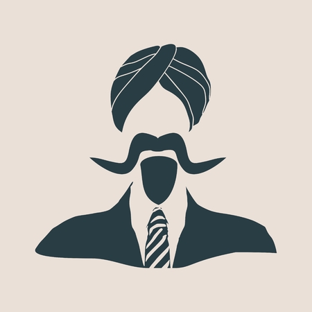Businessman in a national turban on a grey background. Indian businessman simple silhouette. Front view portraitのイラスト素材
