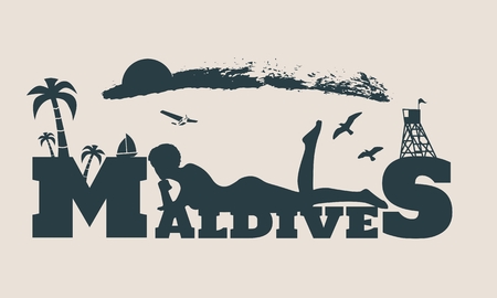Young woman sunbathing on a beach. Silhouette of the relaxing girl on a Maldives text. Vector illustration. Palm and lifeguard tower on backdrop. Aeroplane and birds in the skyのイラスト素材