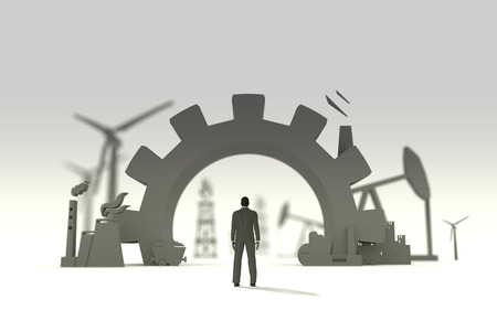 Businessman stay at the Energy and Power icons set. Start Up metaphor. Gate into the business. 3D rendering. Shallow deep of focusの写真素材