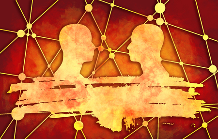 Human Communication Background. Brochure or web banner template. Connected circles with dots. Two man silhouettes looking at each other. Grunge brush stroke. Abstract business meeting. Social networkの写真素材