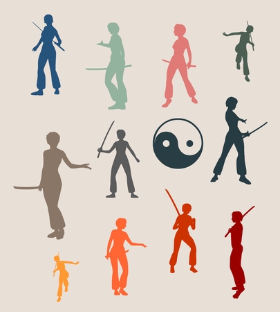 Kung Fu martial art silhouettes of woman in sword fight pose. Woman posing.のイラスト素材