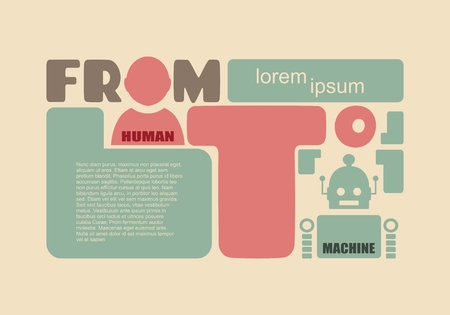 Cute vintage robot and human. Robotics industry relative image. From human to machine text. Field for text informationのイラスト素材