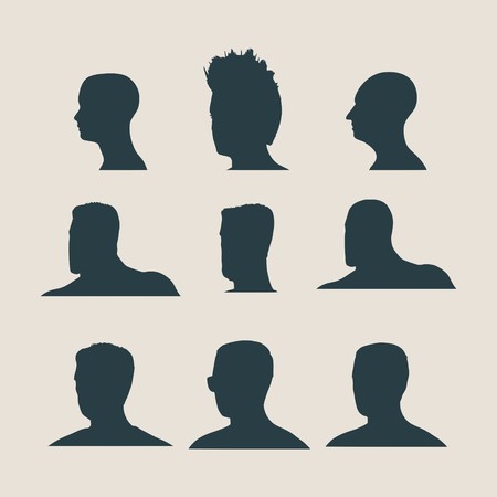 Set of silhouettes of a man's head. Various hairstyleのイラスト素材