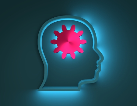 Man avatar profile view. Male face silhouette or icon with gear in head. Mental health relative icon. Scientific medical designs. 3D rendering. Neon shine. Thinking processの写真素材
