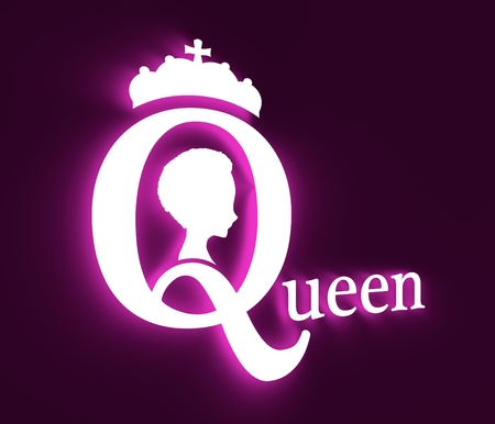 Vintage queen silhouette. Medieval queen profile. Elegant silhouette of a female head. Short hair. Royal emblem with Q letter. 3D rendering. Neon shineの写真素材