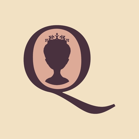 Vintage queen silhouette. Medieval queen profile. Elegant silhouette of a female head. Vector Illustration. Short hair. Monochrome gamma. Royal emblem with Q letterのイラスト素材