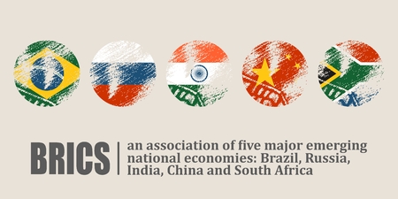 BRICS - association of five major emerging national economies. Brazil, Russia, India, China and South Africa flags icons. Trade union.のイラスト素材