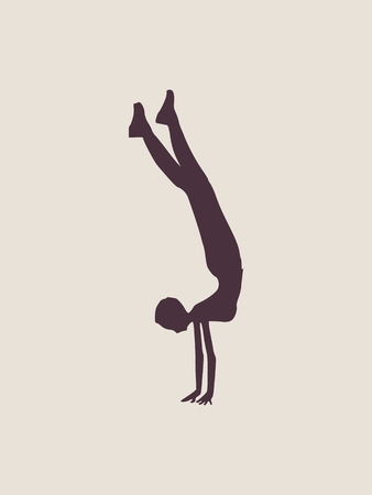 Sporty beautiful young woman working out, doing handstand. Vector silhouette illustration isolated on grey background.のイラスト素材