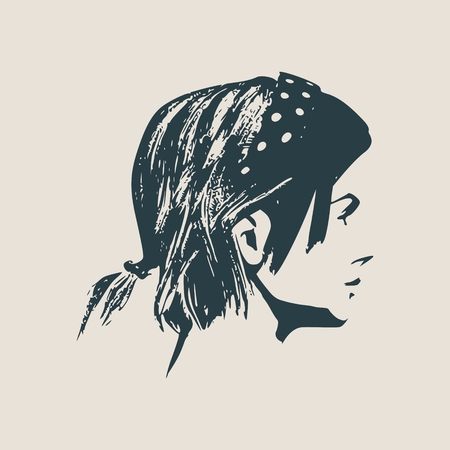 Face side view. Elegant silhouette of a female head. Vector Illustration. Ponytails hair style. Monochrome gamma.のイラスト素材