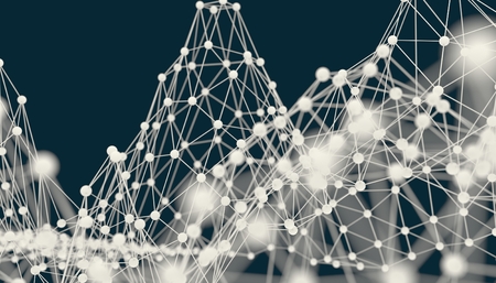 Molecule And Communication Background. Brochure or web banner design. Lines and spheres. Medical, technology, chemistry, science relative. Shallow depth of field. 3D rendering.の写真素材