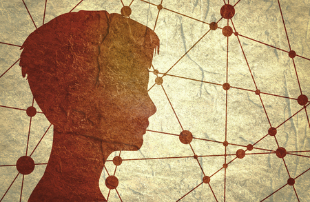 Silhouette of a woman's head. Mental health relative brochure, report or flyer design template. Scientific design. Communication Background. Connected lines with dots. Concrete texturedの写真素材