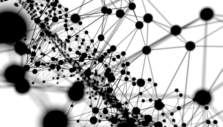 Molecule And Communication Background. Brochure or web banner design. Lines and spheres. Medical, technology, chemistry, science relative. Shallow depth of field. 3D rendering. Black and whiteの写真素材
