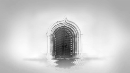 mysterious gate and water surface. monochrome imageの写真素材