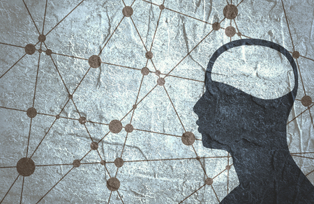 Silhouette of a man's head. Mental health relative brochure, report or flyer design template. Scientific medical designs. Connected lines with dots. Grunge concrete textureの写真素材