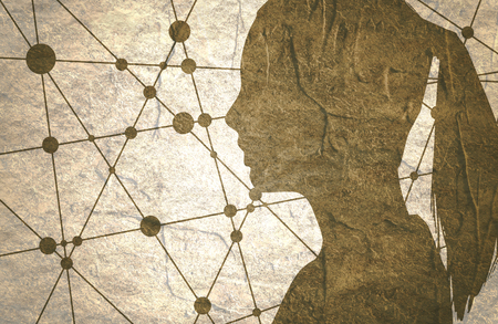 Silhouette of a woman's head. Mental health relative brochure, report or flyer design template. Scientific design. Communication Background. Connected lines with dots. Grunge concrete textureの写真素材