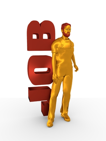 Young man wearing apron. Bearded worker at job word. 3D rendering. Metallic material.の写真素材