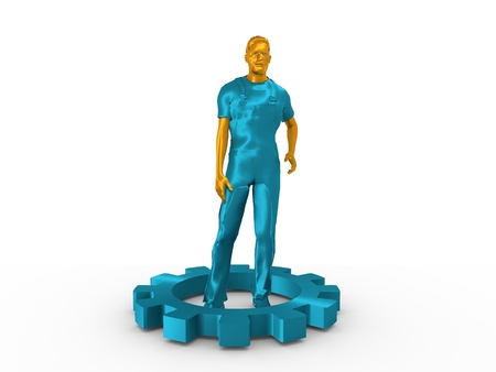 Young man wearing apron. Bearded worker model at the center of the gear. 3D rendering. Metallic material.の写真素材