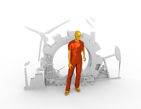 Young man wearing apron. Bearded worker at industrial isometric icons set. 3D rendering. Metallic material. Energy generation and heavy industry.の写真素材