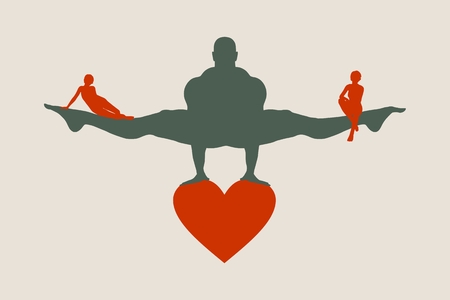 Muscular man balancing on heart icon. Vector silhouette. Woman icons on the legs of the man. Love triangle metaphor.のイラスト素材