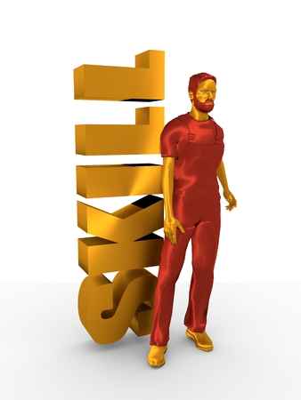 Young man wearing apron. Bearded worker at skill word. 3D rendering. Metallic material.の写真素材