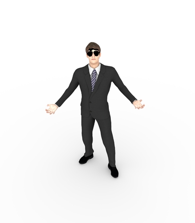 Businessman in wizard pose. 3D rendering. Bearded man wearing the sunglassesの写真素材