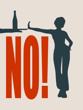 A young woman holding her hand in front to show stop gesture and rejects alcohol. No word. Vector illustrationのイラスト素材