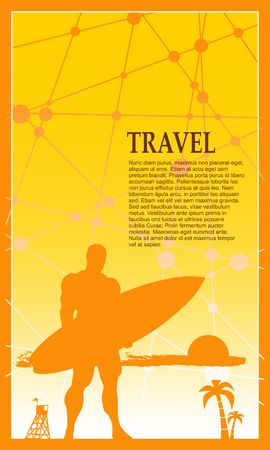 Muscular man posing with surfboard. Vintage Surfing Graphic. Palm and lifeguard tower. Brochure, report or cover design. Molecule And Communication gradient Backdrop. Connected lines and dotsのイラスト素材