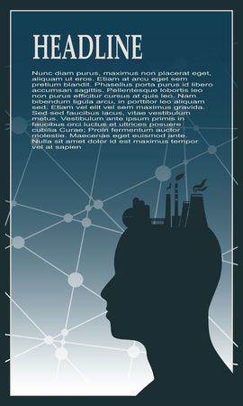 Head with factory for brain. Heavy industry and atom energy. Brochure, report or cover design. Molecule And Communication gradient Backdrop. Connected lines and dotsのイラスト素材
