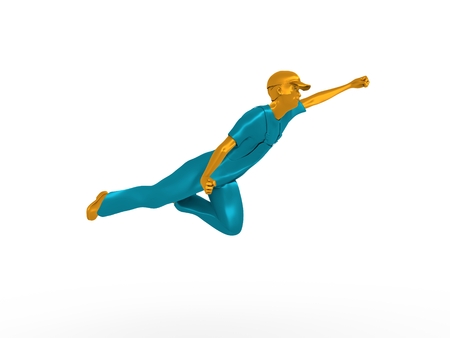 Illustration of a flying super hero worker in a winning pose. Young man wearing the apron. 3D rendering. Metallic material.の写真素材