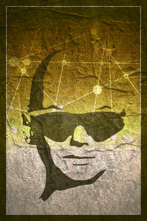 Portrait of beautiful woman in black sunglasses. Front view, Grunge concrete textureの写真素材