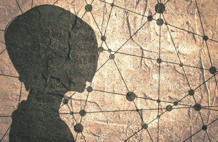 Silhouette of a woman's head. Mental health relative brochure or report design template. Scientific design. Communication Background. Connected lines with dots. Concrete texturedの写真素材