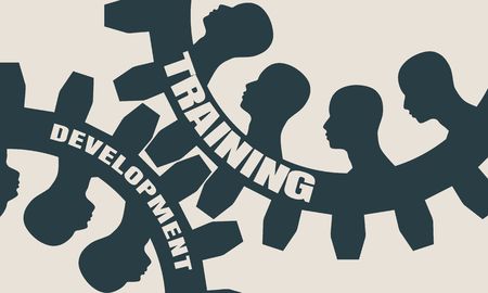 Training and Development text on the Mechanism of Gears. Communication Concept in Industrial Design. Modern brochure design template. Human head silhouettesのイラスト素材