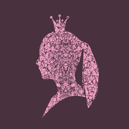 Profile view silhouette of a princess or queen. Vector Illustration. Cute adolescent girl portrait. Fashion branding emblem. Grunge cracked texture avatarのイラスト素材