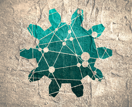Low poly gear model concept triangular style. Precision machinery relative backdrop. Molecule And Communication design. Connected lines with dots. Concrete grunge textureの写真素材