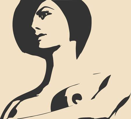 Naked young woman covering her breast by hand. Vector illustration. Female torso sketchのイラスト素材