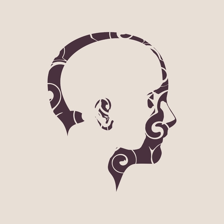 Face side view. Elegant silhouette of a female head decorated by spiral pattern. Vector Illustration. Monochrome gamma.のイラスト素材