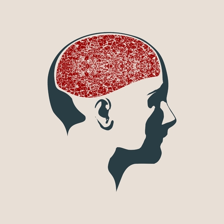 Abstract illustration of a human head with brain. Woman face silhouette. Medical theme creative conceptのイラスト素材