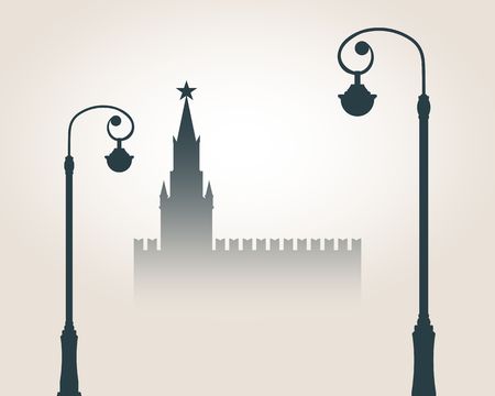 Moscow cityscape skyline. Streetlights, Spasskaya Tower of Kremlin and part of the wall in Moscow. Gradient silhouette. Greeting card illustrationのイラスト素材