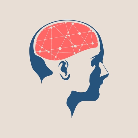 Abstract illustration of a human head with brain. Woman face silhouette. Medical theme creative concept. Connected lines with dots.のイラスト素材