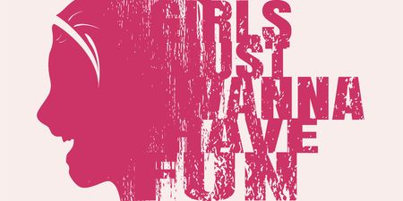 Face side view. Elegant silhouette of a female head. Surprised beautiful woman smiling with open mouth. Emotions relative tags cloud. Grunge distress texture. Girs just wanna have fun phraseのイラスト素材