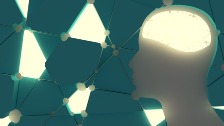 Silhouette of a man's head. Mental health relative brochure, report design template. Scientific medical designs. 3D rendering. Shattered geometric shapes. Neon illuminationsの写真素材